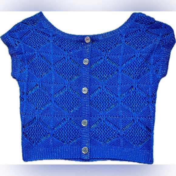 XS Royal Blue Candie's Crochet Cropped Sweater with Button Design in the back - Picture 2 of 3